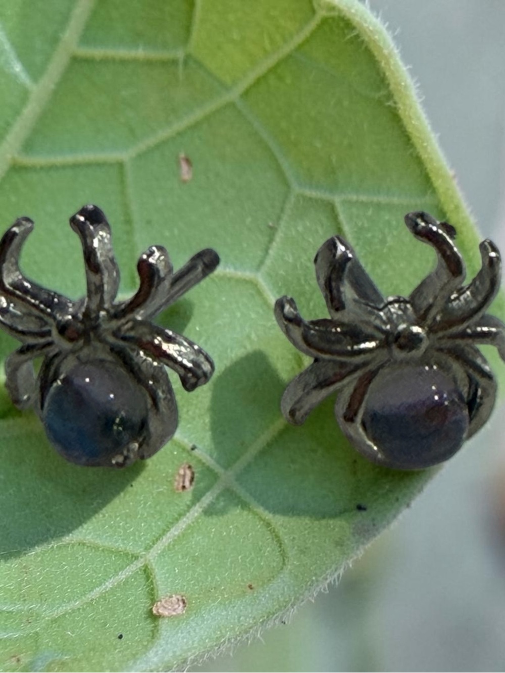 Sterling Silver Spider Stud Earrings with Dark Gray Gemstone